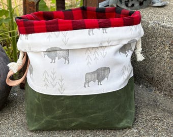 Handmade Bison Sage Green Waxed Canvas Project Bag, Red Buffalo Plaid Flannel Lined Knitting Bag