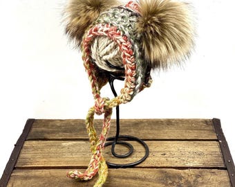 Baby Bear Hat, Wool Blend Bonnet, Double Pom Pom Hood