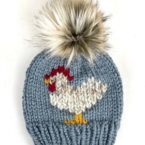 Knit Chicken Hat, Chicken Hat in Slate and Arctic Wolf Faux Fur Wool Blend Beanie Womens Adult Hat
