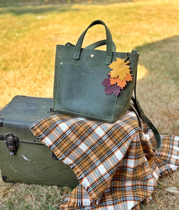 Maple Leaf Leather Purse Charm: Fall Colors Keyring Accessory