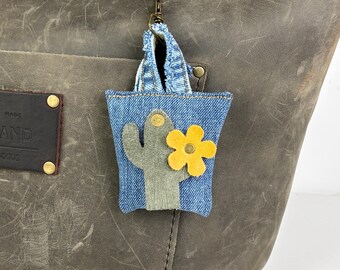Mini Denim Purse Charm | Handmade Upcycled Jean Mini Tote Keychain | Leather Flower or Cactus Bag Charm | Cute Backpack & Purse Accessory