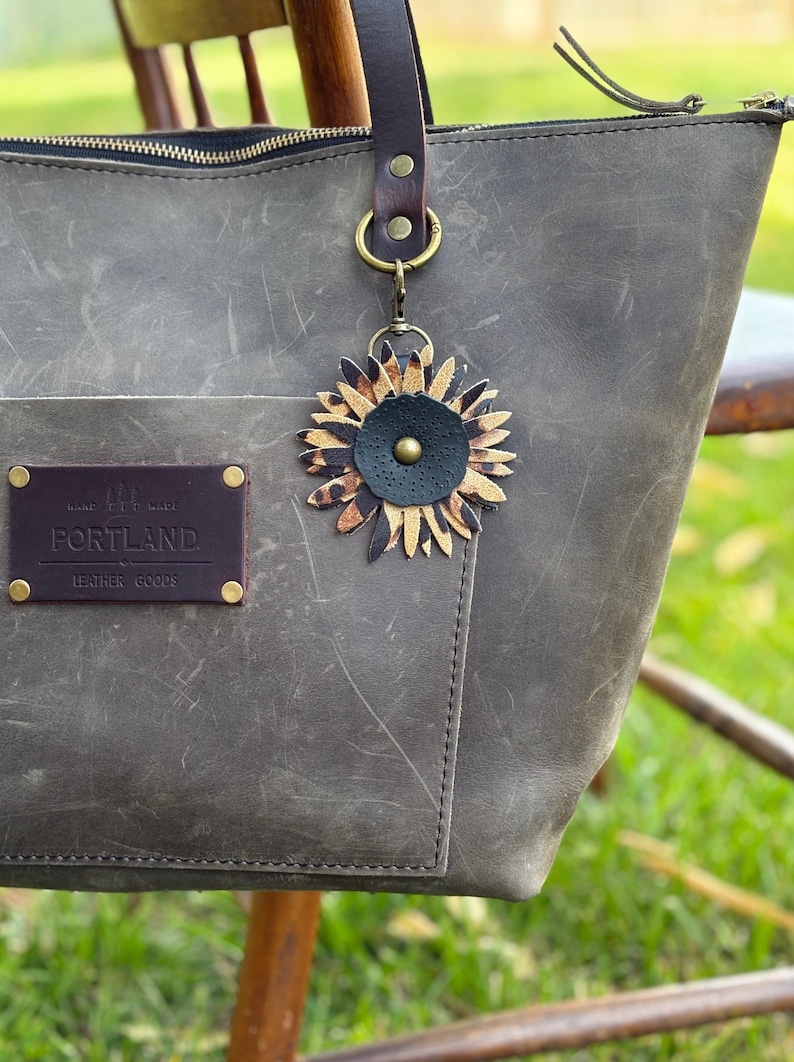 Leather Sunflower Bag Charm Double Layer Flower Purse Accessory image 3