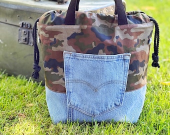 Camo Print Cotton and Upcycled Levi’s Denim Project Bag Knitting Crochet Drawstring Handmade Bag