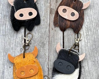 Leather Hair on Hide Cow Keyring, Handmade Purse Charm, Bag Clip Fob