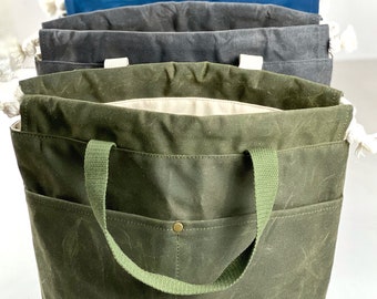 Solid Color Waxed Canvas Project Bag Knit or Crochet Drawstring Tote Strap Flat Bottom, Black, Army Green, Whiskey, Denim, Charcoal