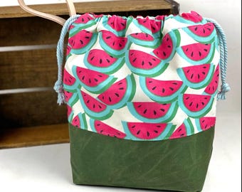 Watermelon Project Bag Green Waxed Canvas Knitting Bag
