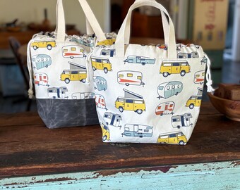Vintage Vans & Campers Canvas Project Bag Knitting, Crochet, Craft Storage