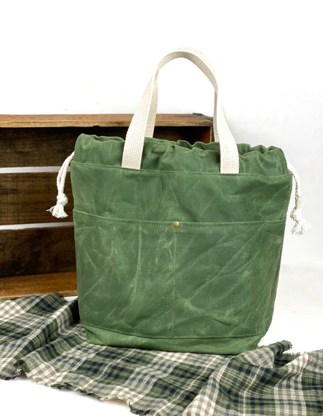 Sage Green Waxed Canvas Project Bag Knit or Crochet Drawstring Etsy