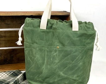 Sage Green Waxed Canvas Project Bag Knit or Crochet Drawstring Flat Boxed Bottom