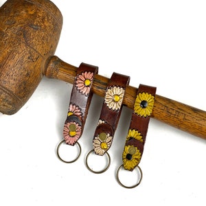 Hand Stamped Leather Sunflower Key Fob: Painted Daisy Keychain