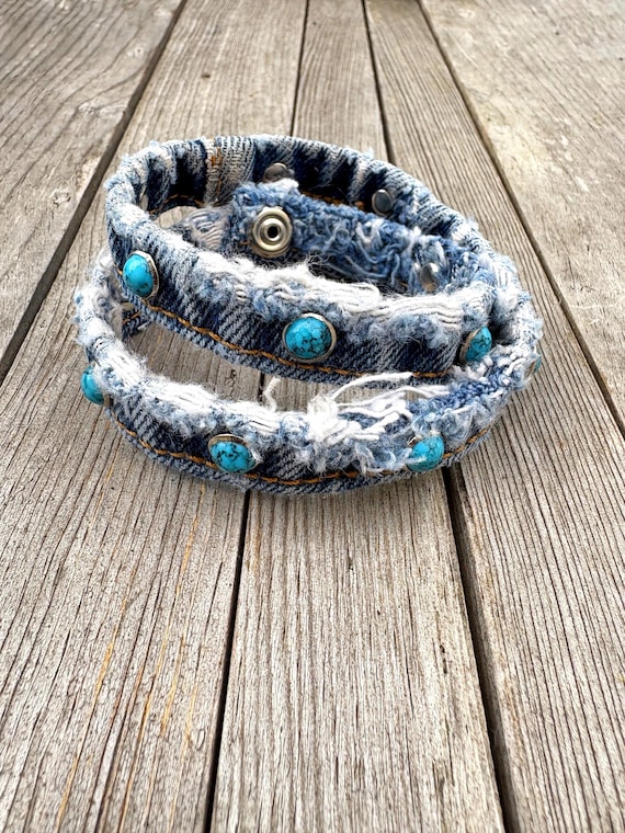 Upcycled Denim Seam Shotgun Shell Copper or Turquoise Rivets