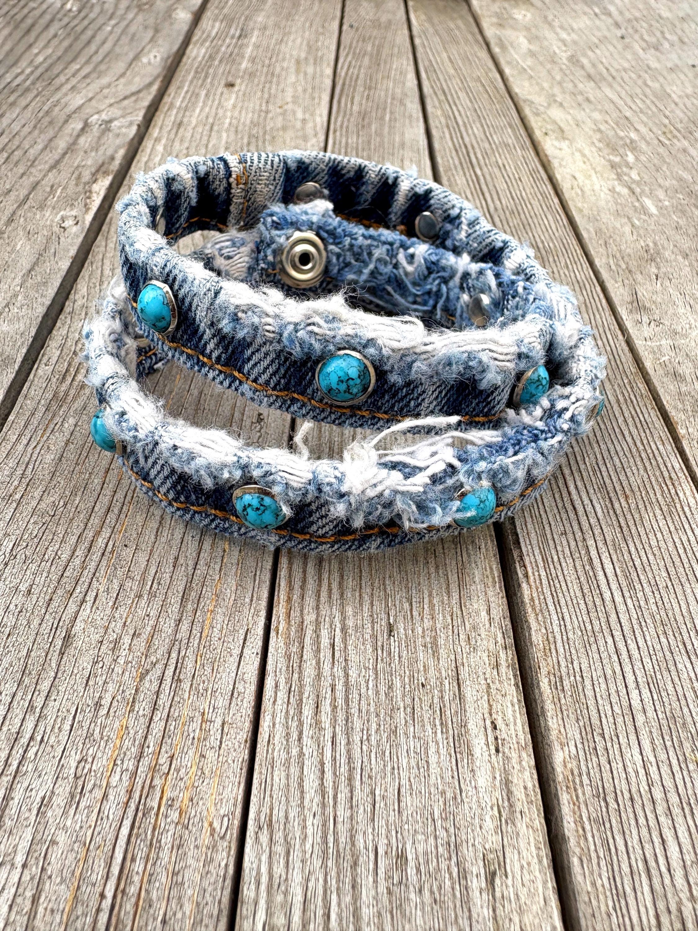 Upcycled Denim Seam Shotgun Shell Copper or Turquoise Rivets