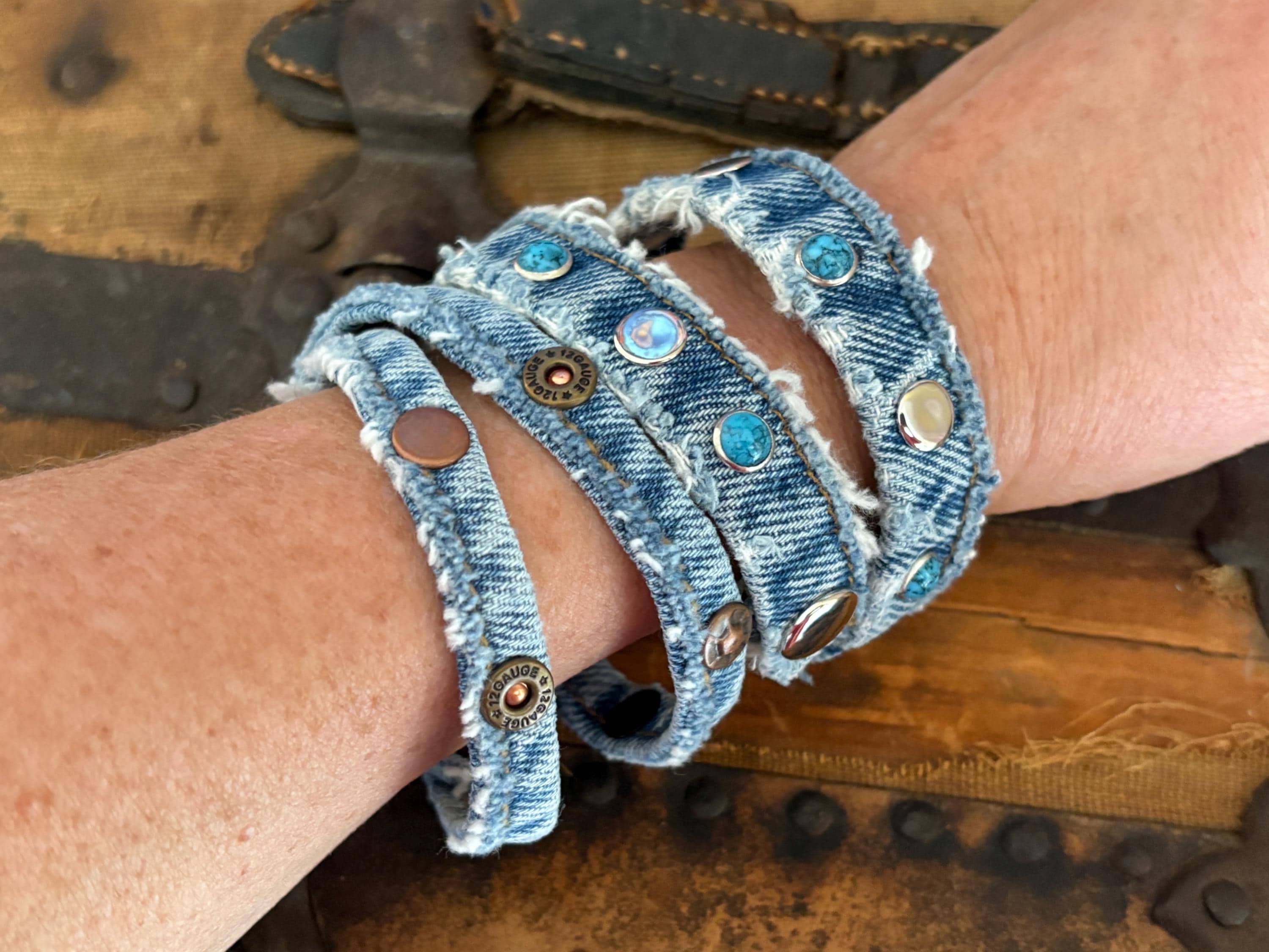 Upcycled Denim Seam Shotgun Shell Copper or Turquoise Rivets