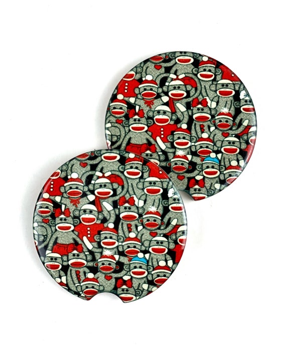 Sock Monkey Ceramic Car Coasters, Stoneware Cup Holder Coaster Set of 2, Sublimation  Coasters, Car Accessories 