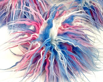 Pink Blue White Faux Fur Pom Pom 80s Retro Knit Hat Poms