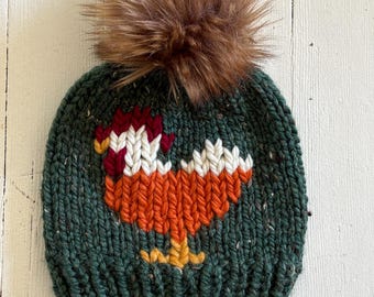 Knit Chicken Hat Candy Corn on Kale Wool Blend Beanie with Faux Fur Pom Hat Handmade