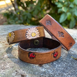 Hand Stamped Leather Cuff Bracelet: Honey Bee, Daisy, Ladybug, Dragonfly Design