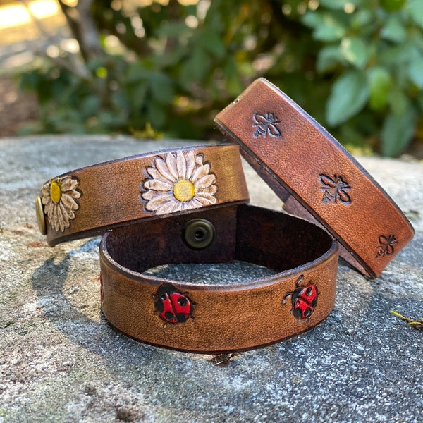 Honey Bee Daisy Ladybug Hand Tooled Stamped Leather Bracelet Cuff Wrap Handmade Oiled Stained Veg Tan Shawl Scarf