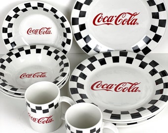 Coca-Cola Race Day Checkerboard Plate Bowl Mug Dish Set of 10 Gibson 1996 Discontinued Collectible Coke Dishes