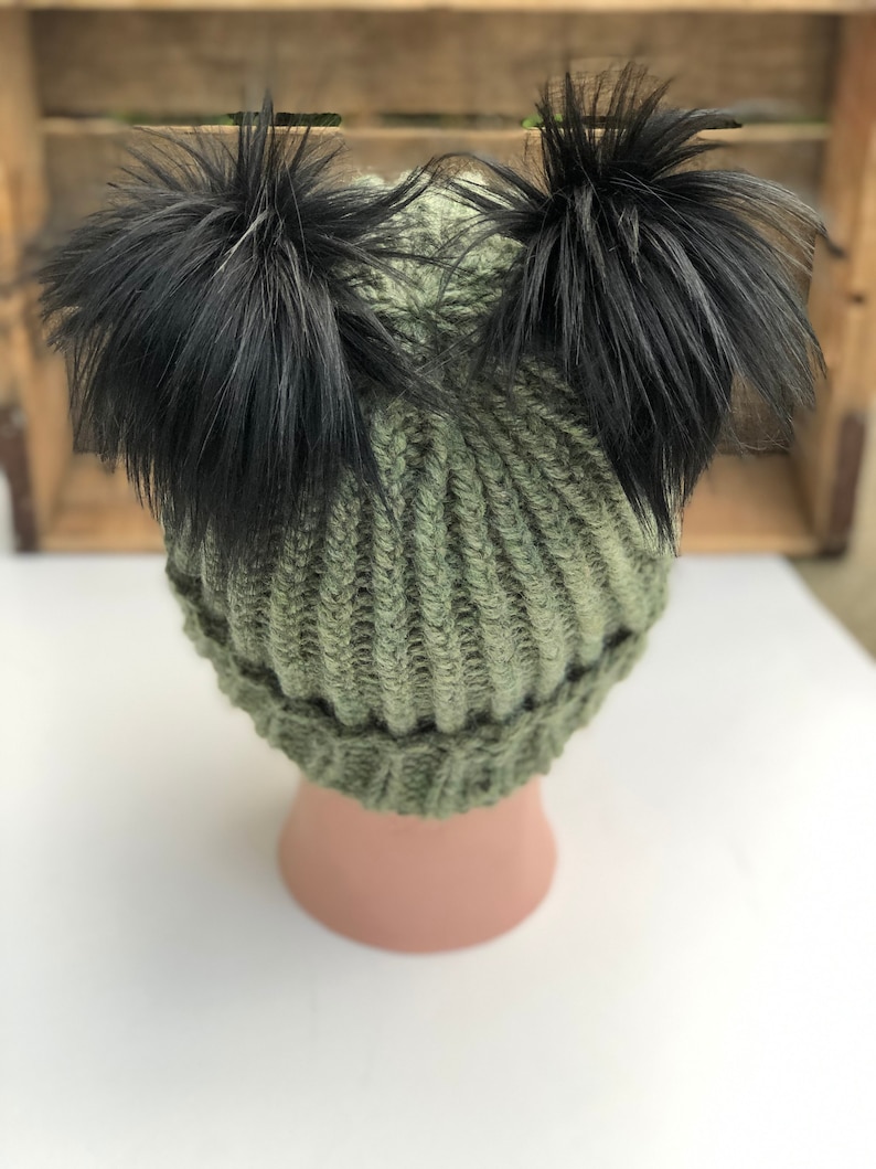 Willow Green First Frost Folded Brim Beanie Double Faux Fur Pom