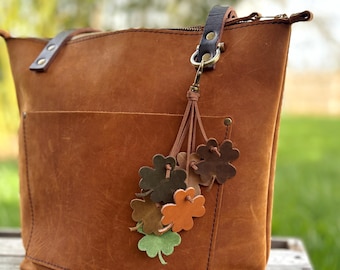 Four Leaf Clover Shamrock Leather Purse Tassel Bag Charm