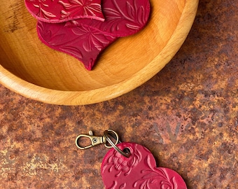 Red Leather Embossed Heart Charm Purse Bag Backpack Keychain Keyring Key Fob