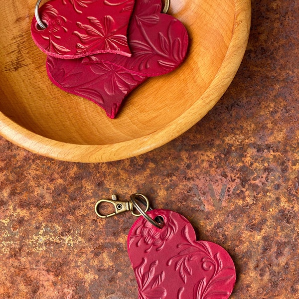 Red Leather Embossed Heart Charm Purse Bag Backpack Keychain Keyring Key Fob