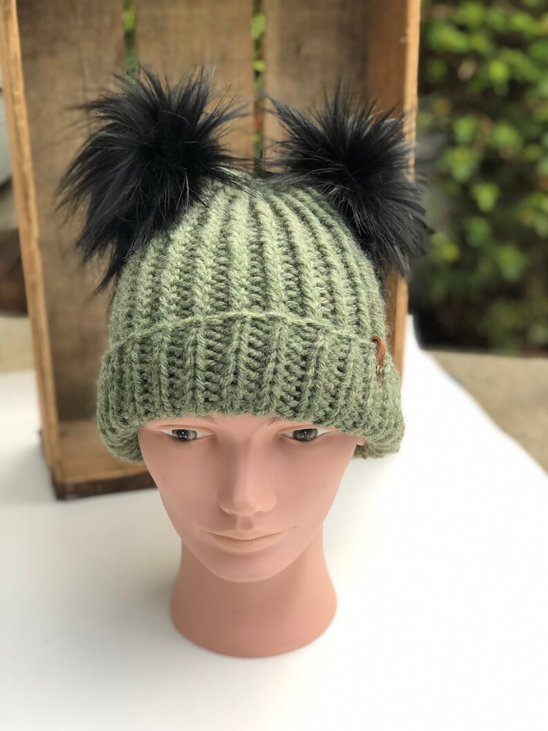 Willow Green First Frost Folded Brim Beanie Double Faux Fur Pom