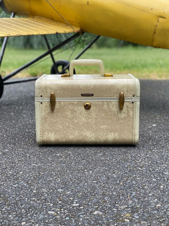 Vintage Samsonite 4512 Beige Marble Train Case Luggag… Gem