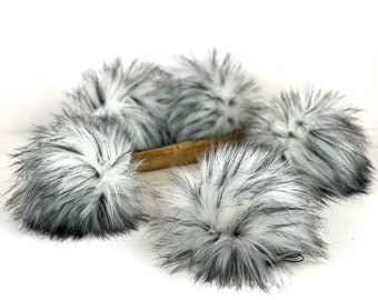 Husky Faux Fur Pom Pom White with Black Streaks