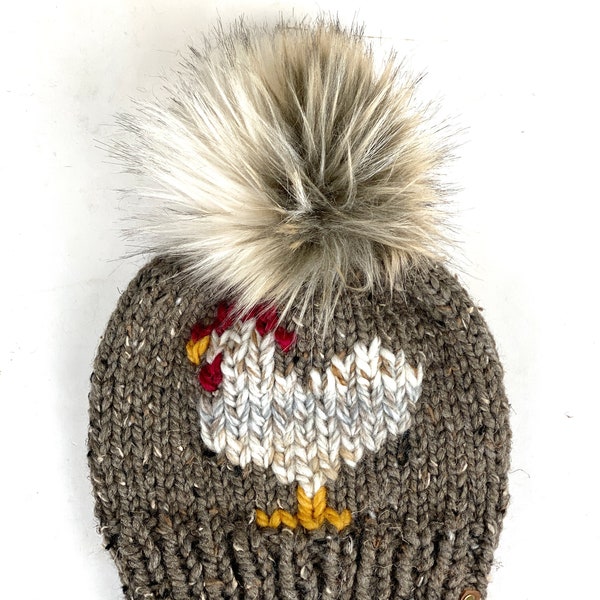 Knit Chicken Hat, Barley Tweed Chicken Hat Beanie Wool Blend Womens Adult Hat Faux Fur