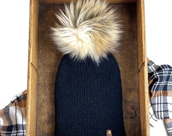 Black Knit Beanie with Faux Fur Pom, Small Reversible Acrylic Hat