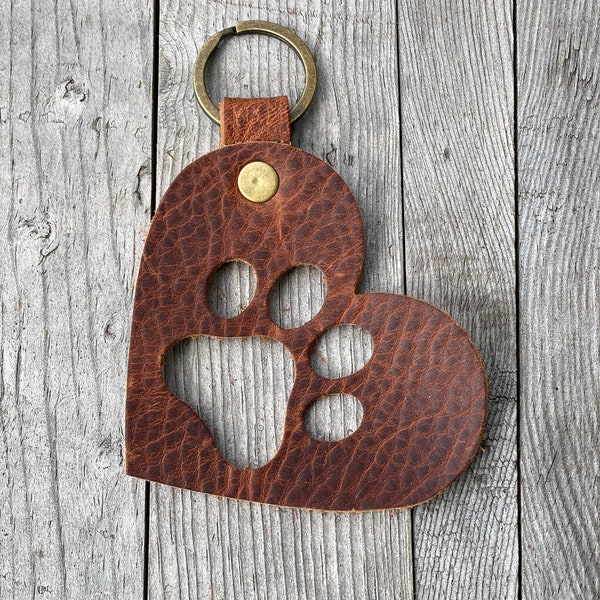 Pebbled or Veg Tan Leather Die Cut Paw Print Heart Charm Purse Bag Backpack Keychain Keyring Key Fob