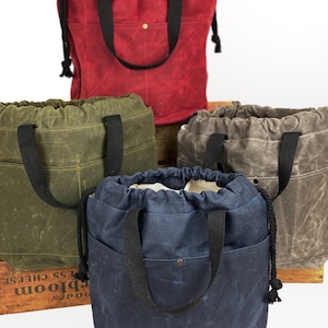 Waxed Canvas Project Bag: Knitting Crochet Drawstring Tote