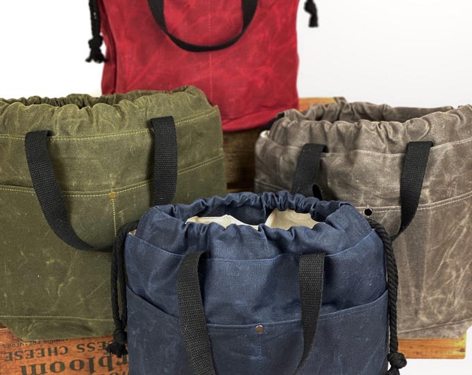 Solid Color Waxed Canvas Project Bag, Knitting, Crochet, Drawstring Canvas Sturdy Water and Dirt Resistant, Made for Knitters and Crocheters