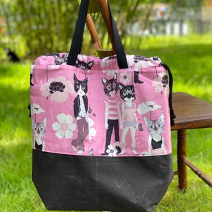 Cool Cats Alexander Henry Cotton Waxed Canvas Project Bag, Canvas Project Bag, Project Bag for Knitters, Knitting Tote Bag, Crocheters Bag