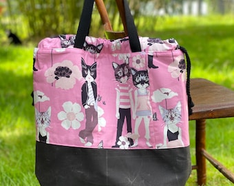 Cool Cats Pink Cotton and Waxed Canvas Knitting Project Bag Handmade Tote