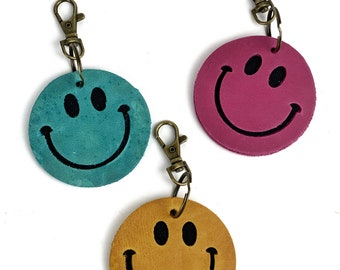 Leather Smiley Face Keyring Purse Charm