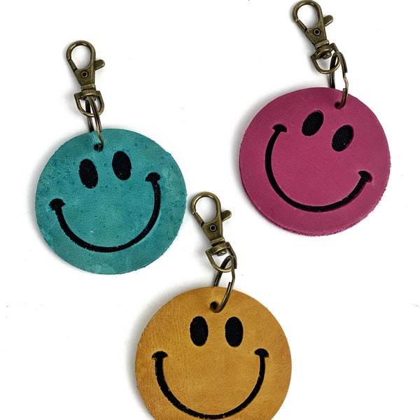 Leather Smiley Face Keyring Purse Charm