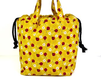 Lady Bugs on Bright Yellow  Cotton Project Bag, Summer Knitting Crochet Bag, Handmade for Knitters and Crocheters
