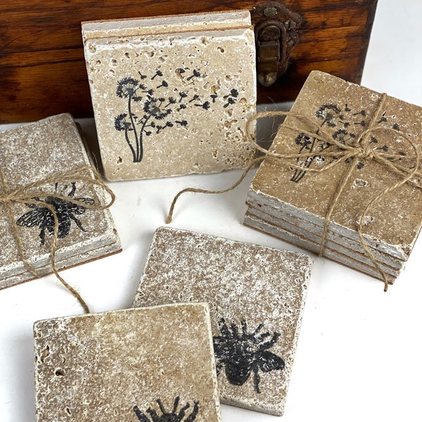 Travertine Tile Natural Absorbant Stone Ware Coasters Dandelion or Honey Bee Set of Two Coasters