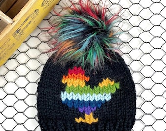 Rainbow Chicken Beanie, Hand Knit Wool Blend Hat with Faux Fur Pom Hat