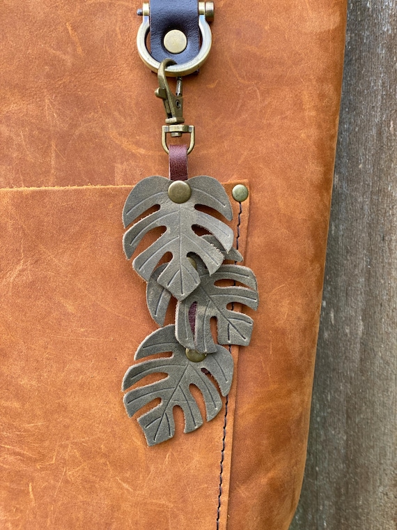 Monstera Leaf Leather Purse Charm: Olive Green Keyring Accessory