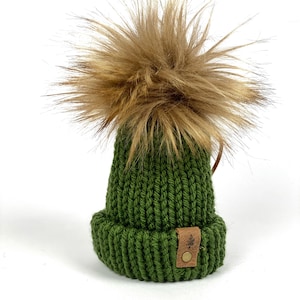 Dark Olive Green Acrylic Mini Knit Hat Purse Charm or Tree Ornament, Folded Brim Tiny Hat Ornaments, Miniature Beanie Christmas Decor