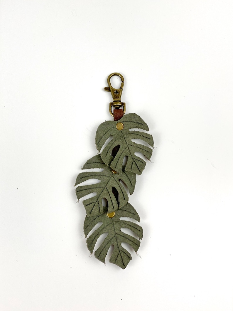 May include: A green leather keychain with three monstera leaves attached to a brass key ring.