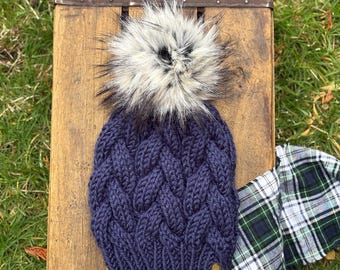 Hand Knit Braided Cable Beanie Acrylic with Faux Fur Pom Hat