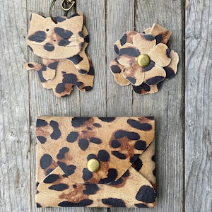 Leopard Print Leather Collection, Mini Card Cash Wallet, Cat Charm, Snap Flower