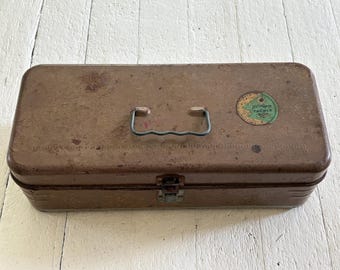 Grandpa’s Vintage Sears JC Higgins Brown Metal Fishing Tackle Box With Gear Used