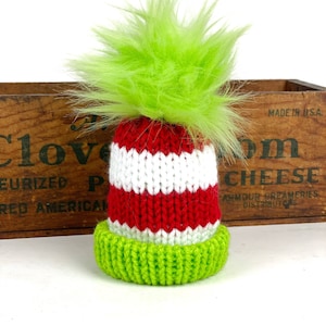 Green Red White Mini Knit Hat Purse Charm, Folded Brim Tiny Hat Ornaments, Miniature Beanie Christmas Decor