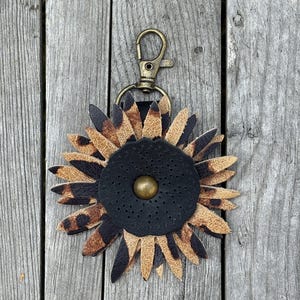 Leather Sunflower Bag Charm Double Layer Flower Purse Accessory image 5